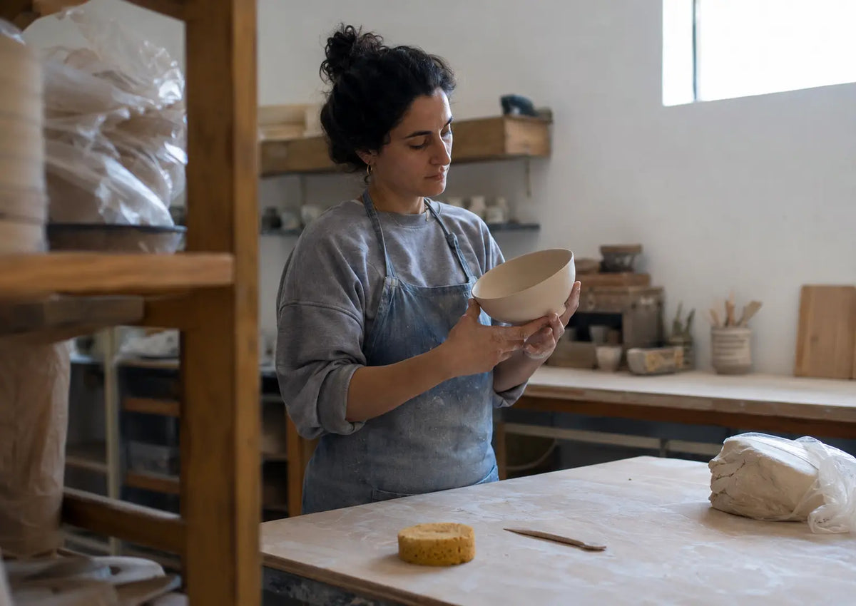 Κεραμίστρια εξετάζει ένα χειροποίητο μπολ στο εργαστήριό της