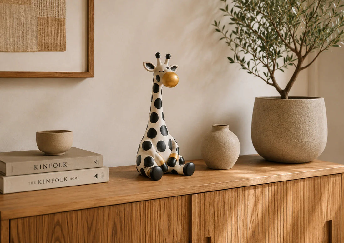 Playful διακοσμητικό αντικείμενο σε ήρεμη organic modern σύνθεση σαλονιού.