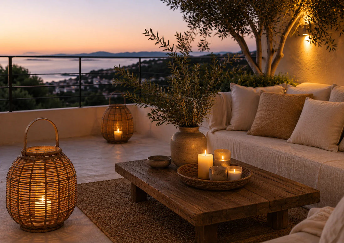 Καλοκαιρινή βεράντα με rattan φανάρι, κεριά και φυσικές υφές σε ζεστή βραδινή ατμόσφαιρα.