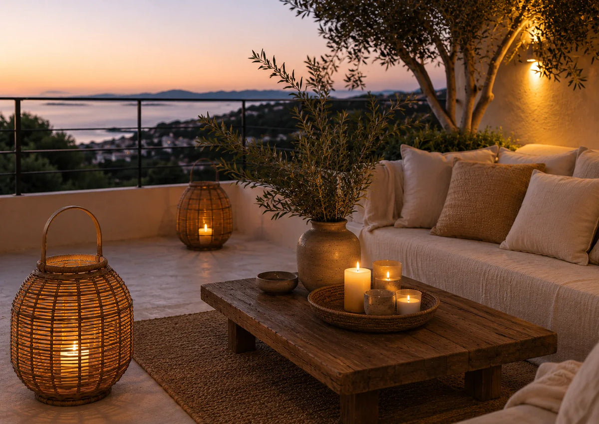 Καλοκαιρινή βεράντα με rattan φανάρι, κεριά και φυσικές υφές σε ζεστή βραδινή ατμόσφαιρα.