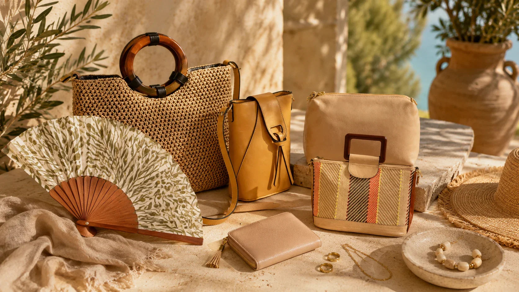 Καλοκαιρινά accessories με βεντάλια, γυναικείες τσάντες, πορτοφολάκι και διακριτικά κοσμήματα σε μεσογειακή warm minimal σύνθεση.