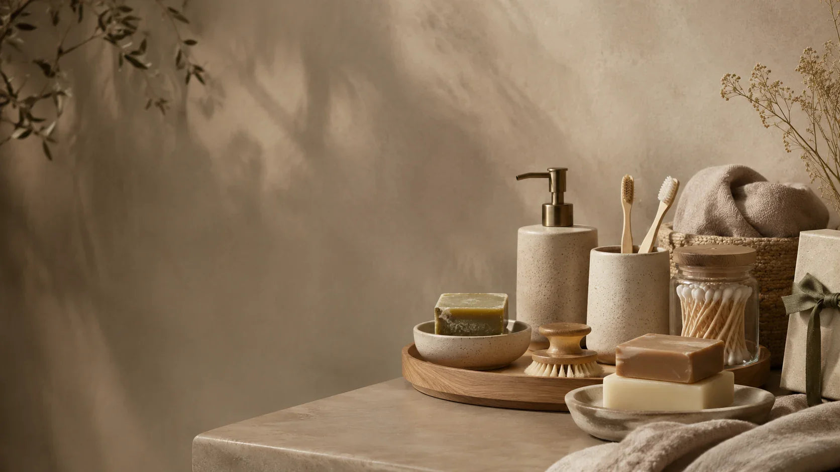 Αξεσουάρ μπάνιου με dispenser, bamboo οδοντόβουρτσες, natural μπατονέτες, organic σαπούνια και gift set σε warm minimal σύνθεση.