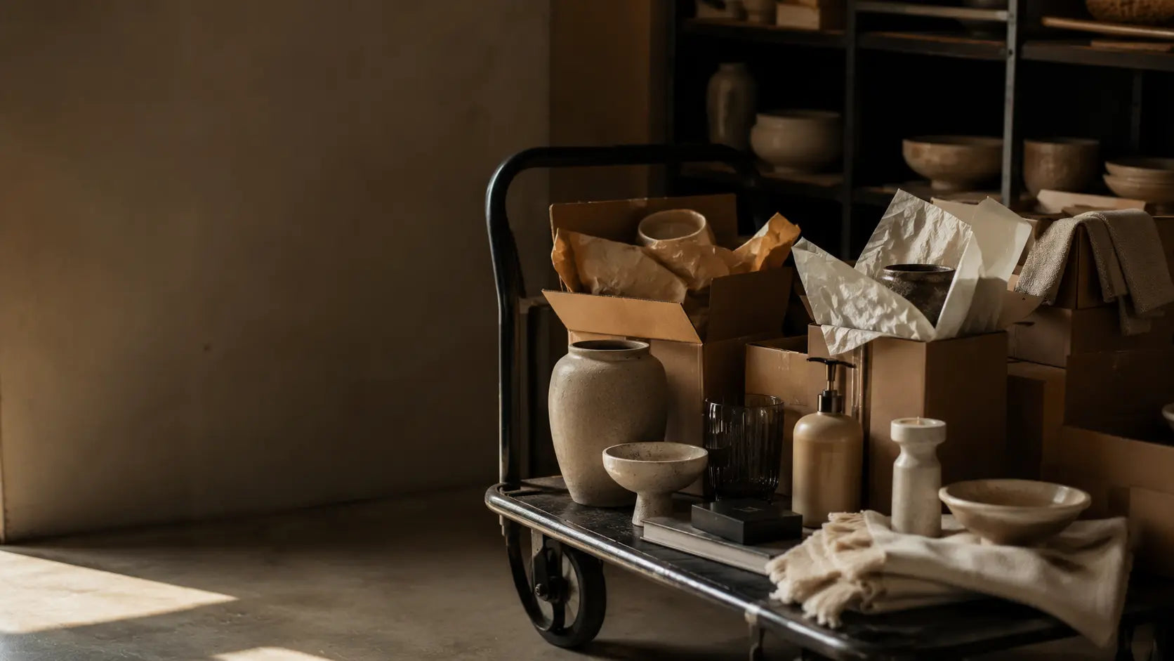 Curated item haul με επιλεγμένα home decor προϊόντα, κεραμικά, υφάσματα και κουτιά σε ζεστή warehouse αισθητική.
