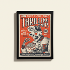 Pop art πόστερ σε κάδρο Thrilling Stories με κόκκινο graphic ύφος.