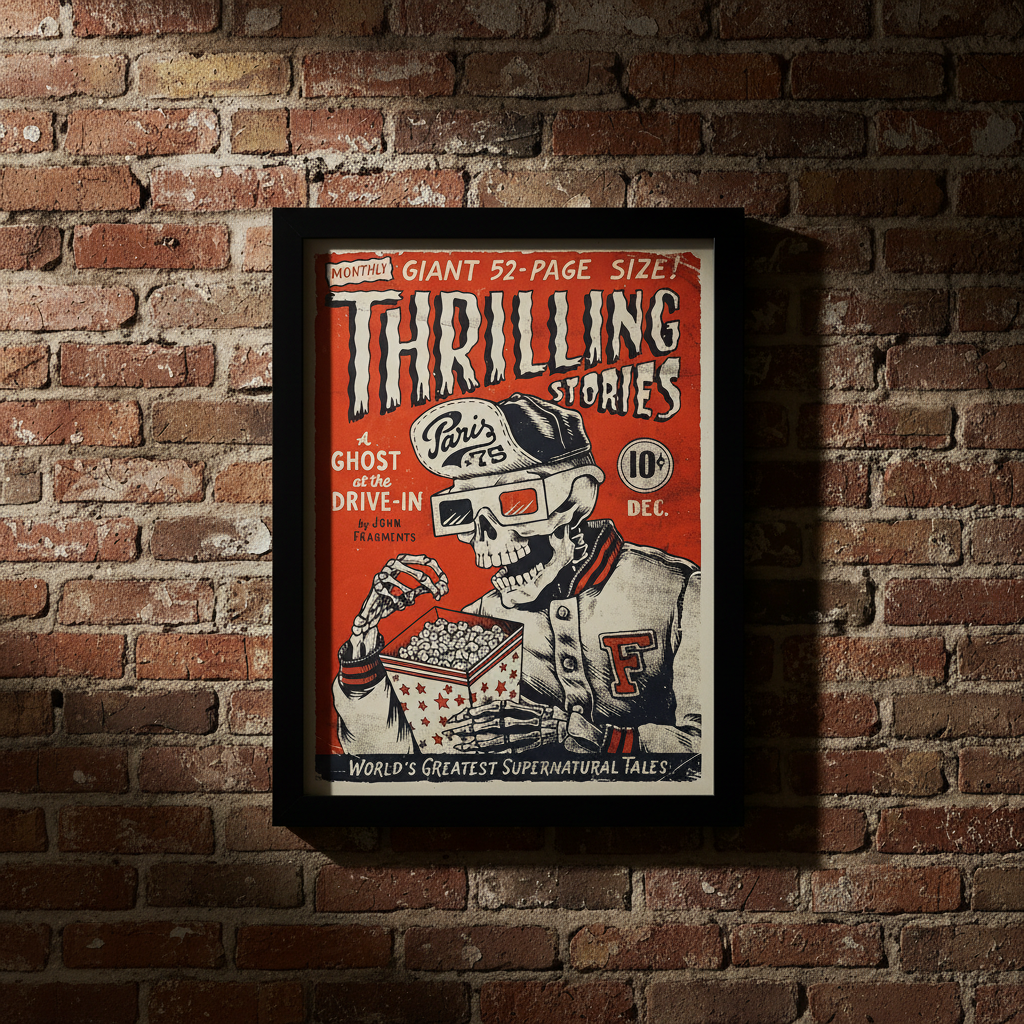 Pop art πόστερ σε κάδρο Thrilling Stories με κόκκινο graphic ύφος.