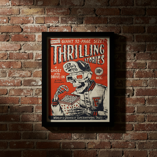 Pop art πόστερ σε κάδρο Thrilling Stories με κόκκινο graphic ύφος.