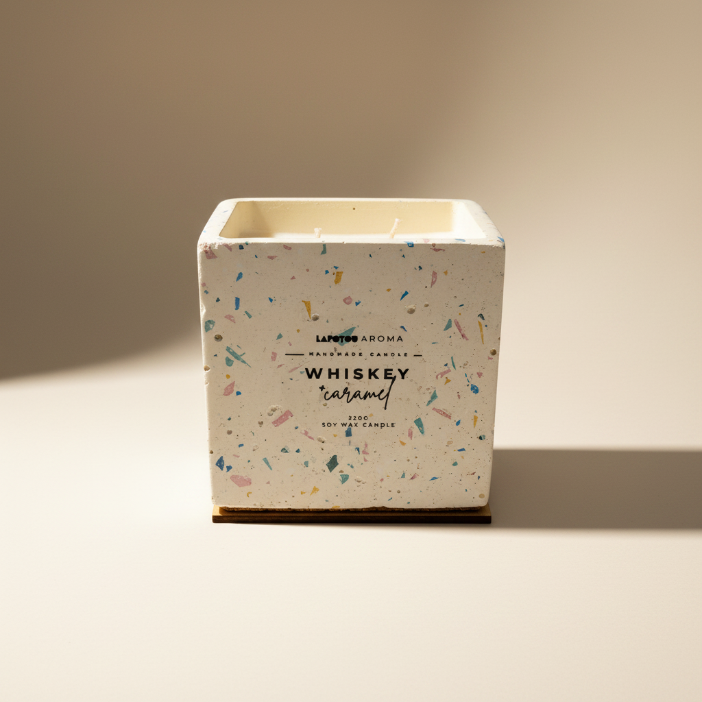 Φυτικό αρωματικό κερί Whiskey Caramel σε τσιμεντένιο κύβο terrazzo