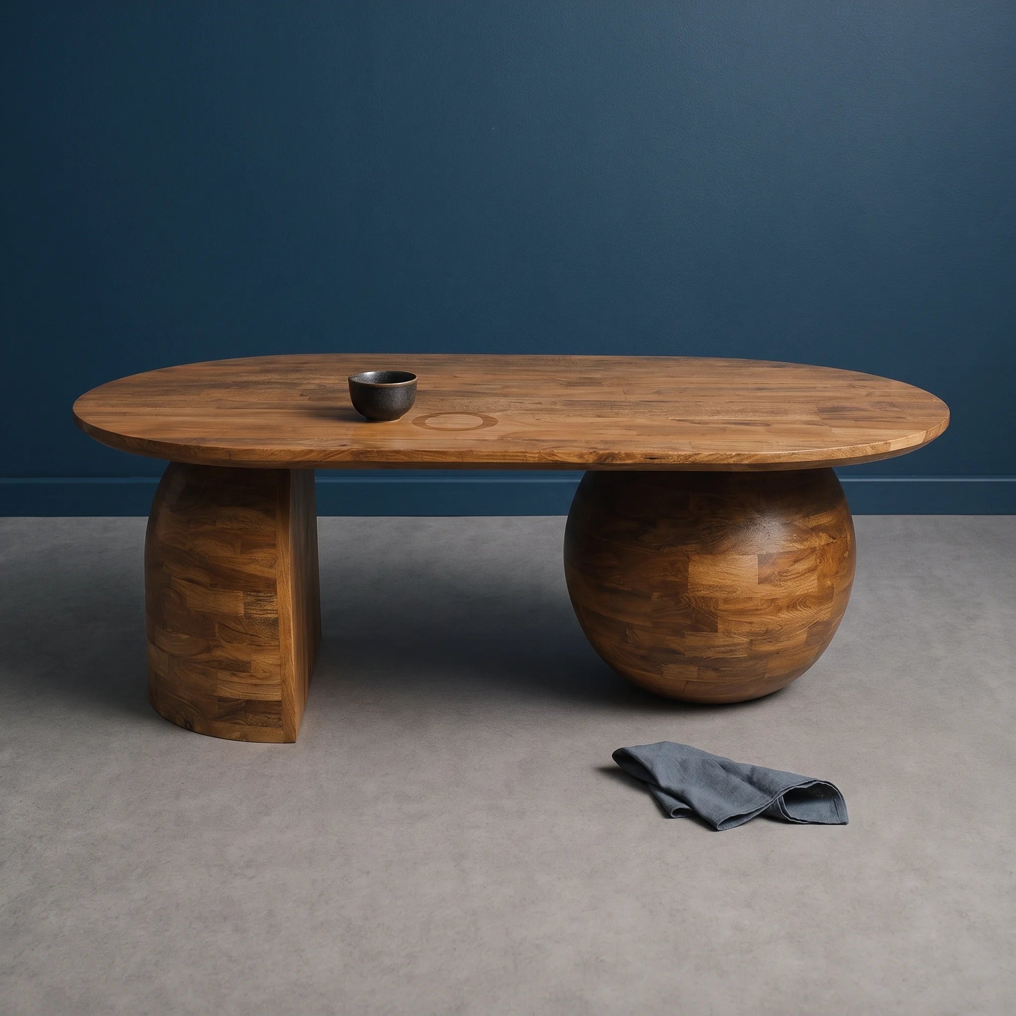 Καφέ τραπέζι σαλονιού από ξύλο μάνγκο με φλιτζάνι στην επιφάνεια, μπροστά σε μπλε τοίχο