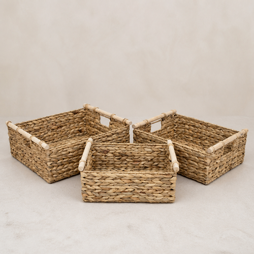 Παραλληλόγραμμο καλάθι από υάκινθο με ξύλινη λαβή για οργάνωση σπιτιού