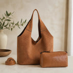 Καφέ τσάντα tote 2 σε 1 από 100% PU με pouch, φερμουάρ και ρυθμιζόμενο λουράκι ώμου.