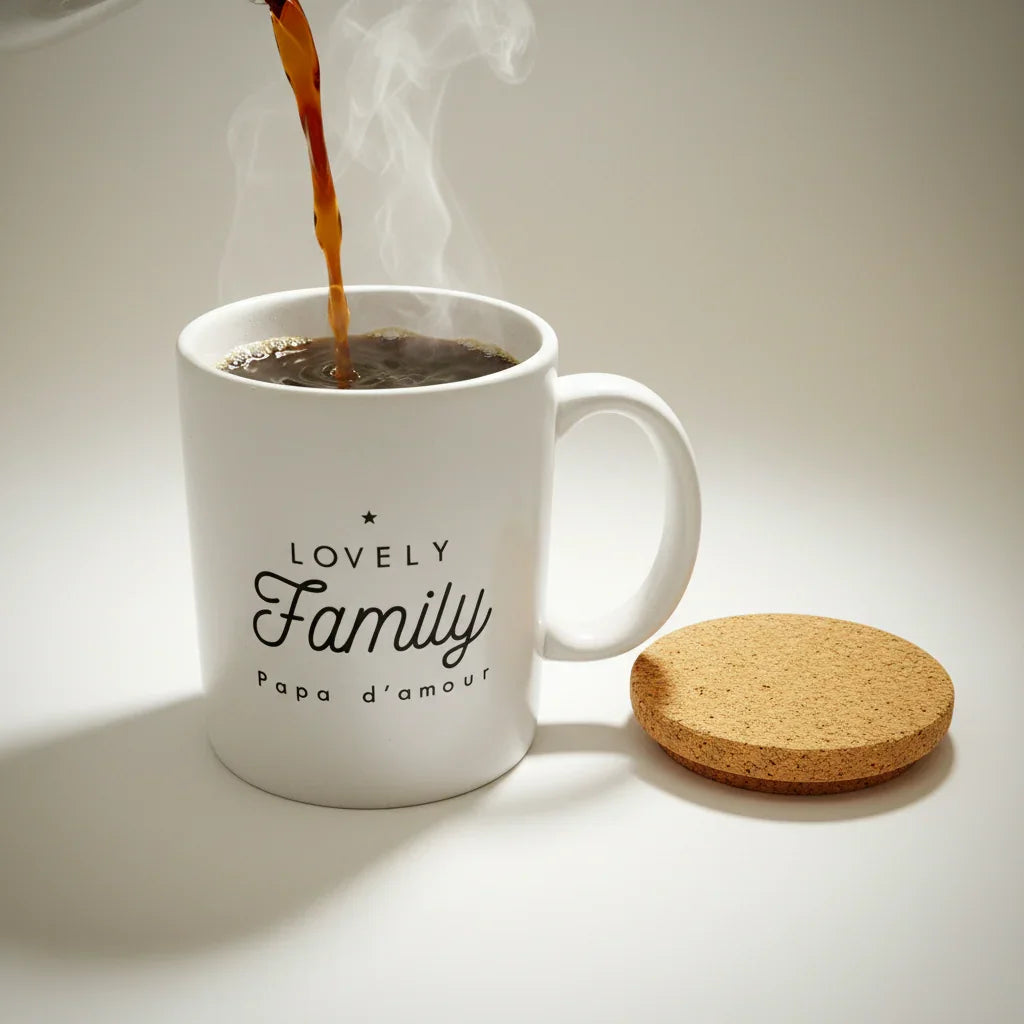 Λευκή κεραμική κούπα Lovely Family με καπάκι από φελλό.