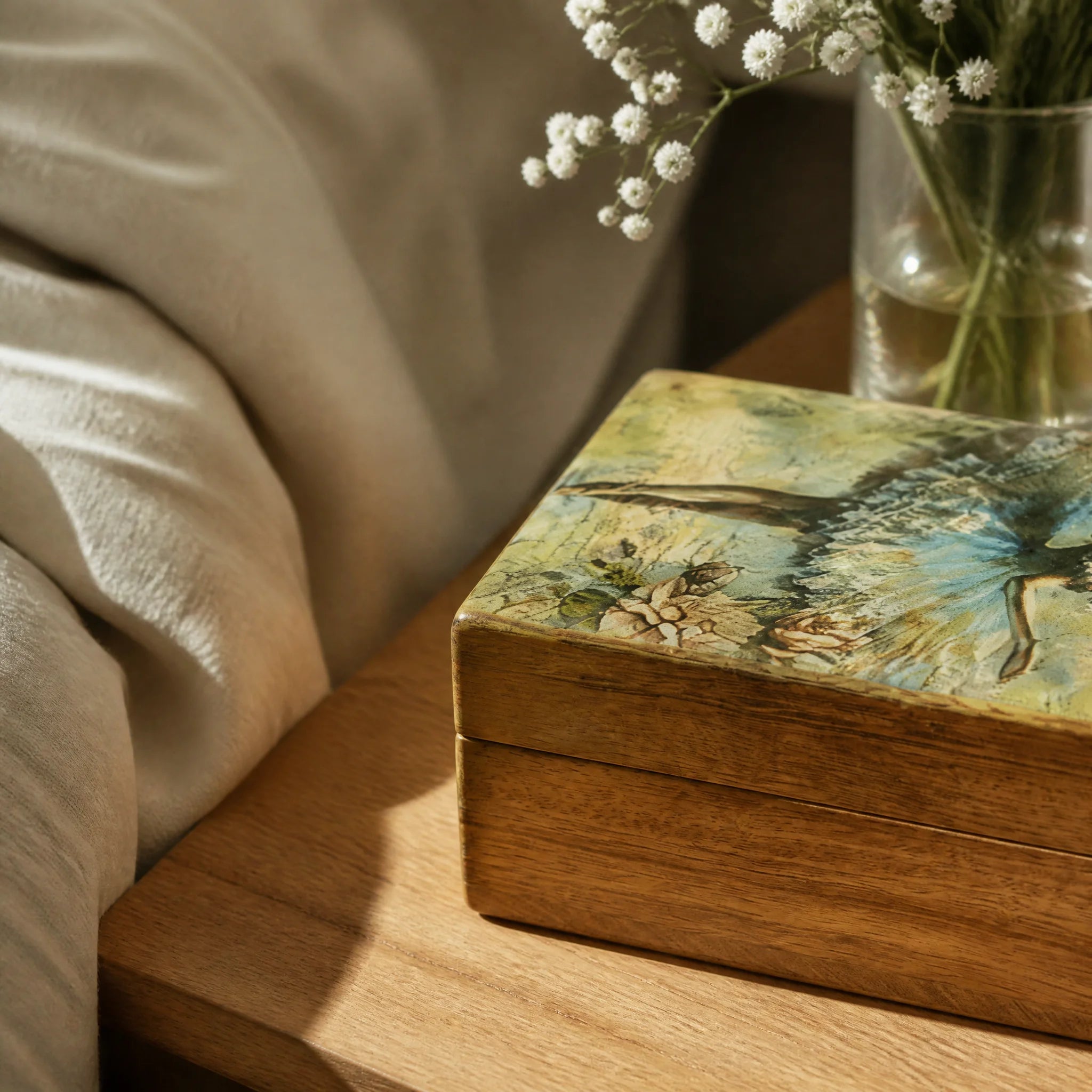 Ξύλινο κουτί από μάνγκο με σχέδιο μπαλαρίνα και καφέ φυσική βάση.