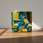 Ξύλινο κουτί από μάνγκο με retro σχέδιο scooter και καφέ φυσική βάση.