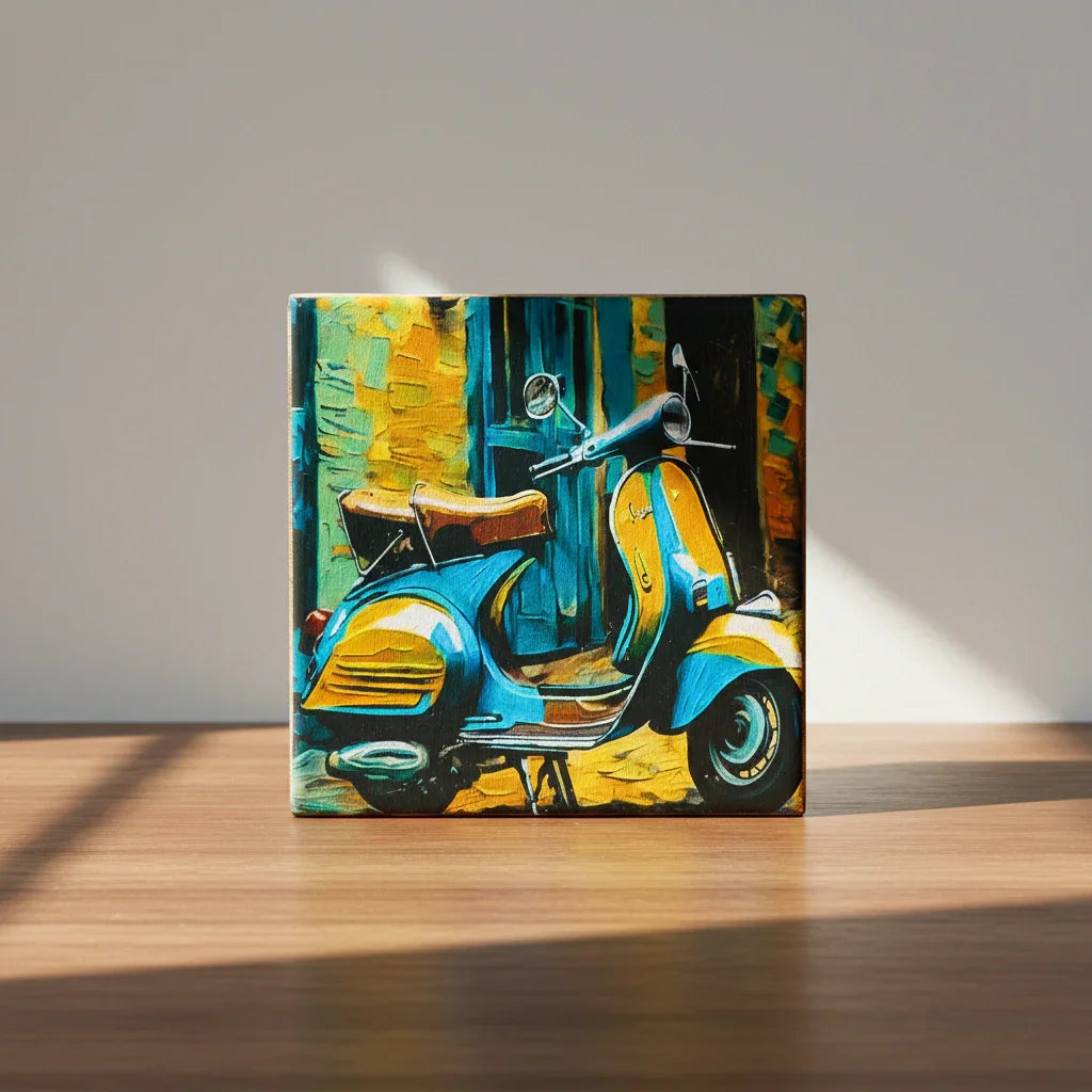 Ξύλινο κουτί από μάνγκο με retro σχέδιο scooter και καφέ φυσική βάση.