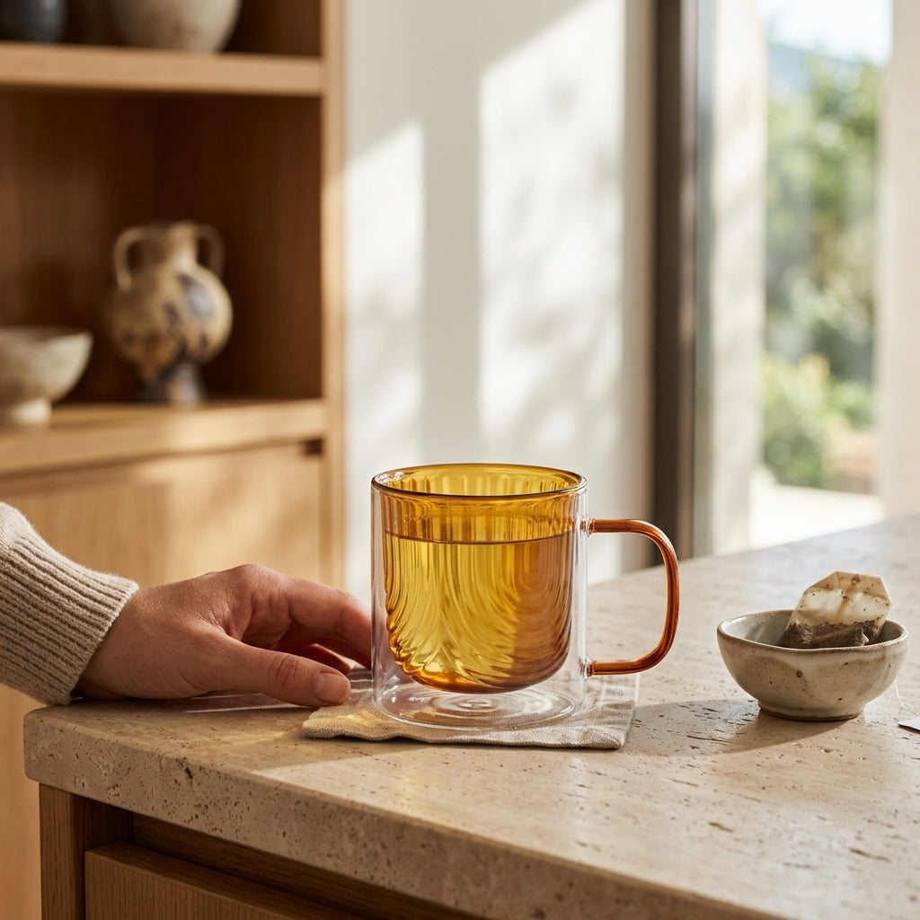 Γυάλινη κούπα Peter Honey για καφέ και warm minimal kitchen styling - λεπτομέρεια προϊόντος